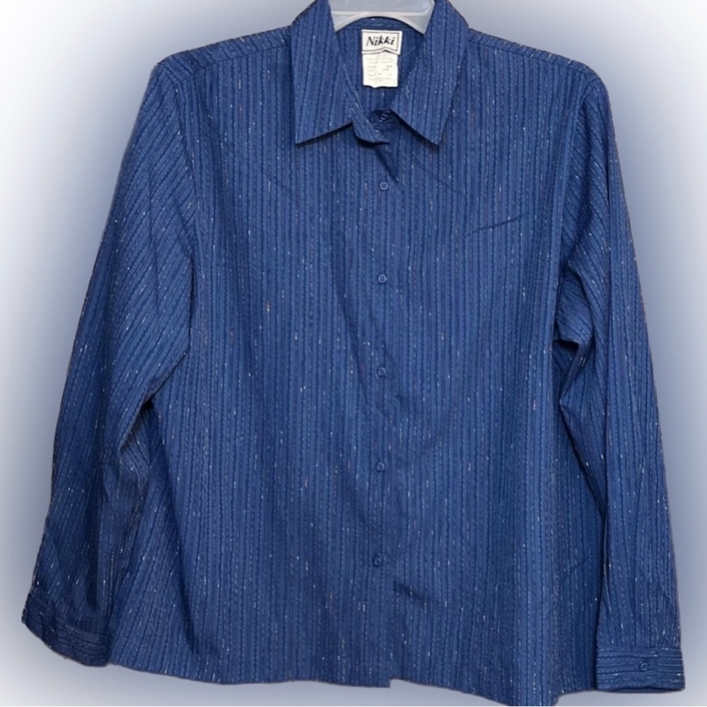 💥VTG Blue Striped Women’s Blouse Multi-Color Button Up Long Sleeve Shirt Top 20